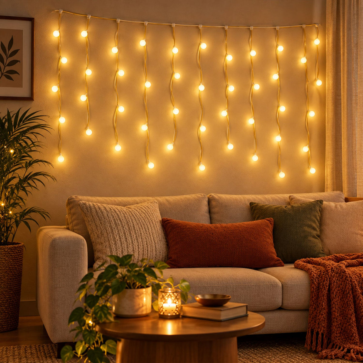 Curtain string lights lit at night
