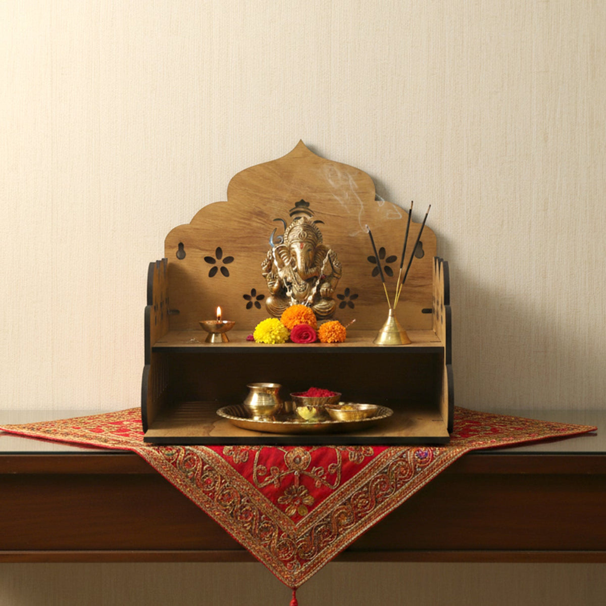 Wooden mandir on a table