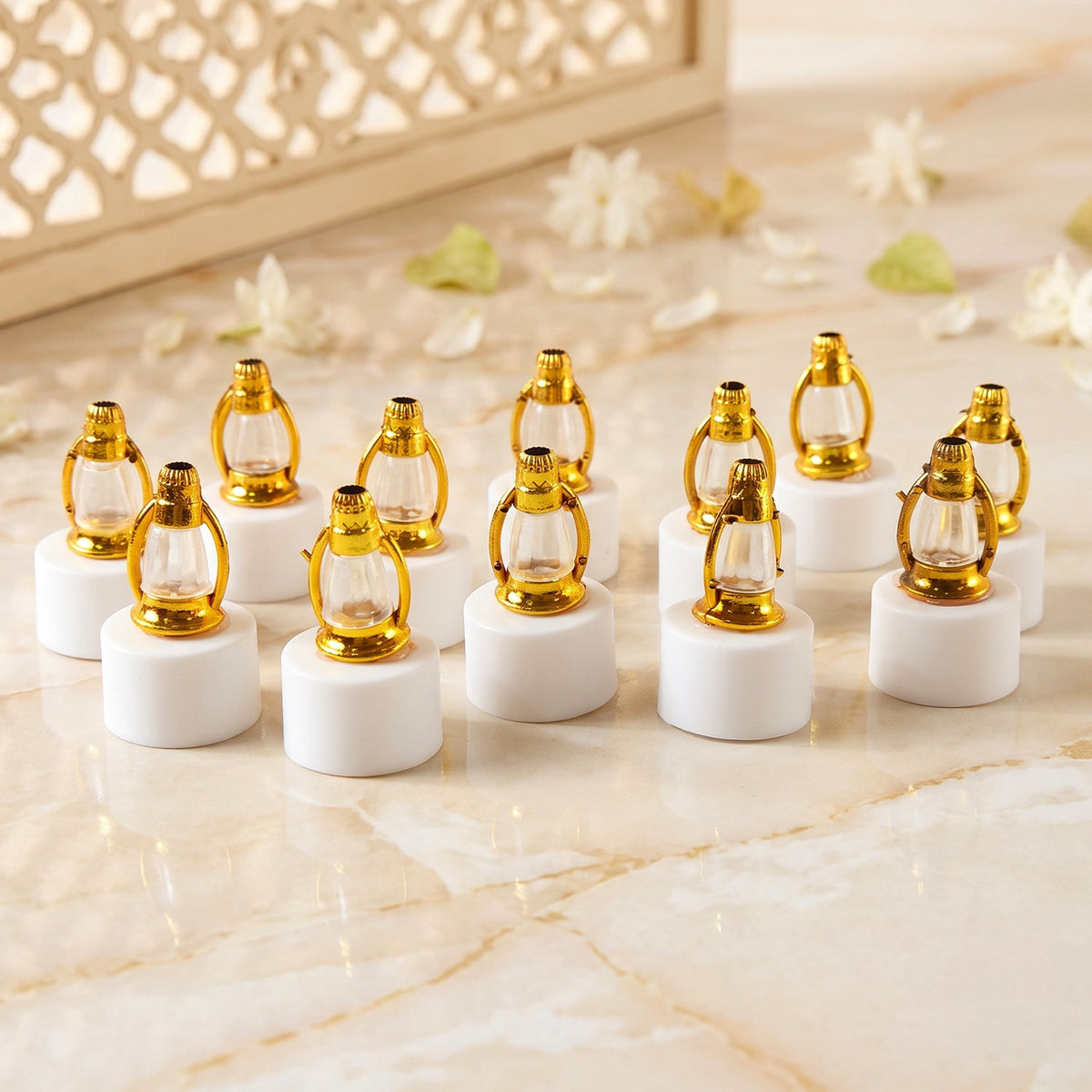 Golden lantern LED candles on display