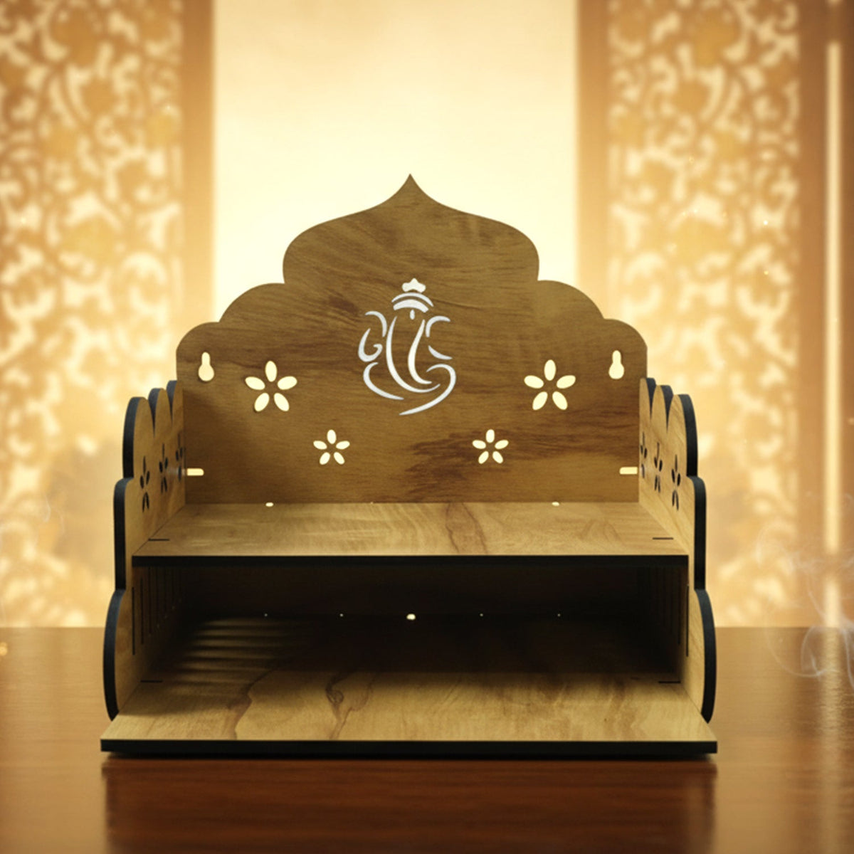 Wooden home mandir with Ganesha