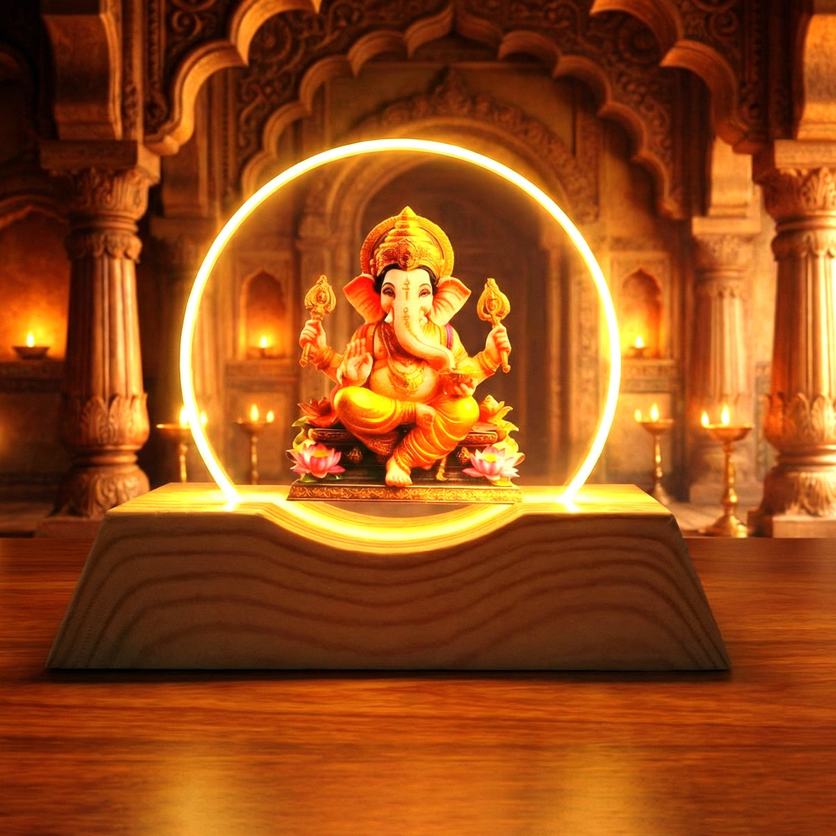 3D Lord Ganesha LED lamp with wooden base