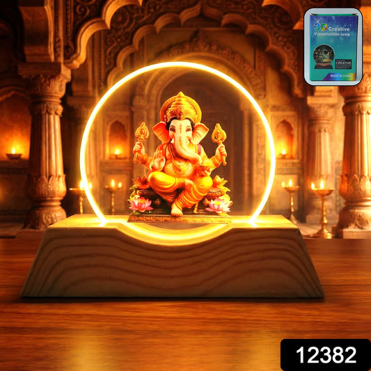 Ganesha lamp lit with a golden glow