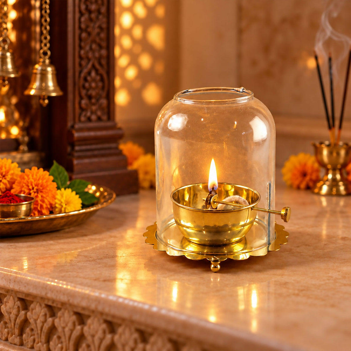 Brass akhand diya with glass dome