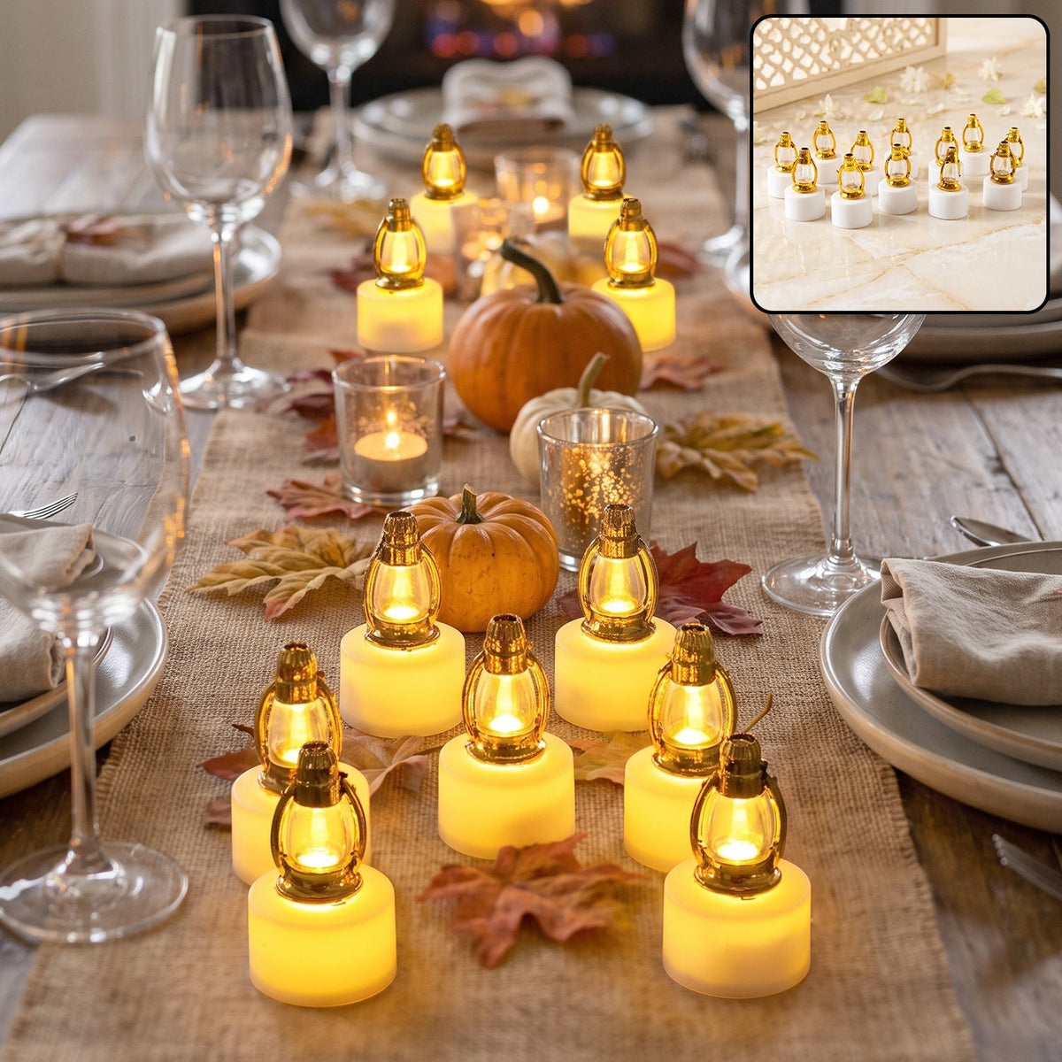 Golden lantern LED candle glowing