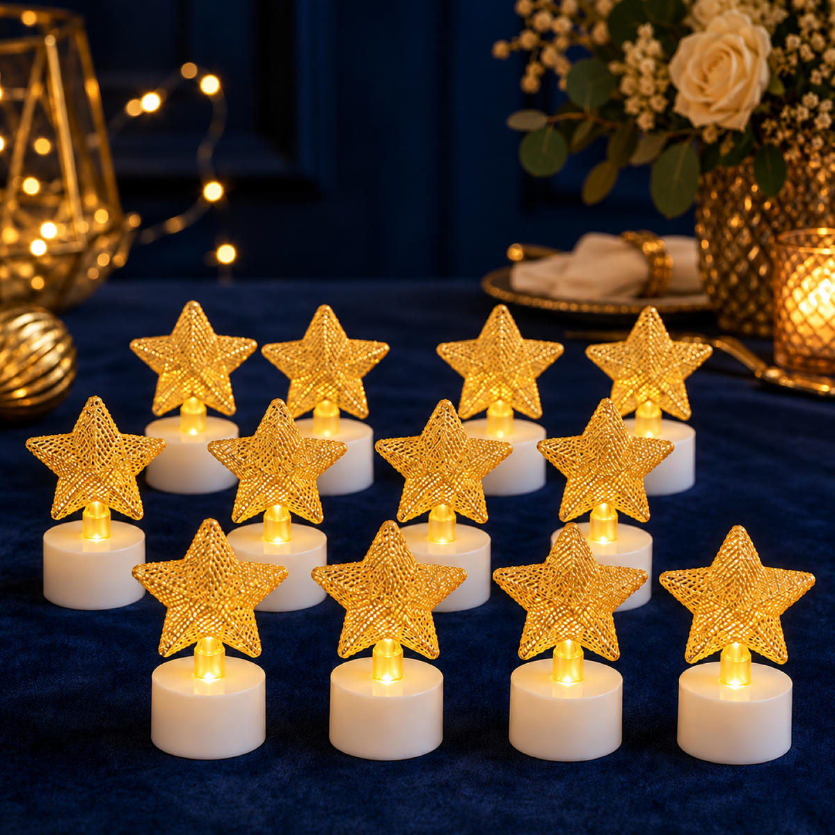 Golden star LED tealights, set of 12