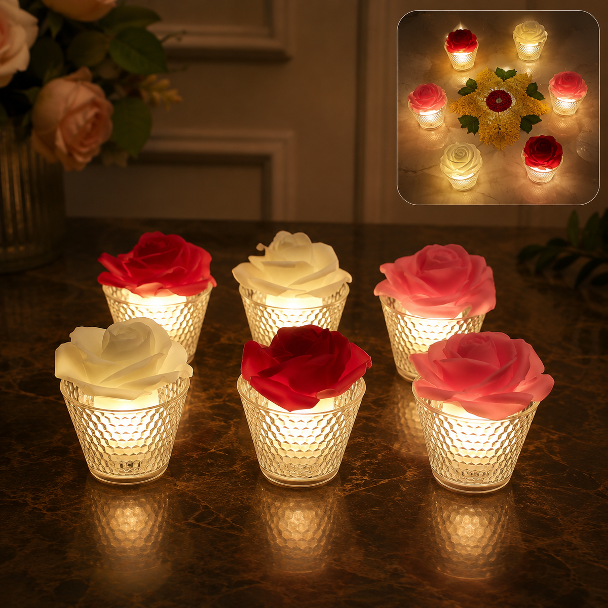 Rose flower LED tealights, set of 6