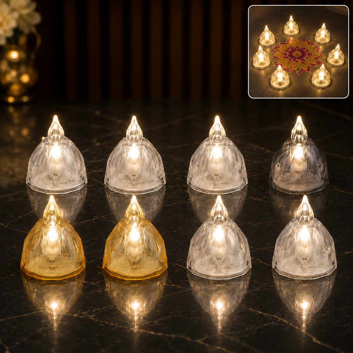 Crystal LED diyas, set of 8