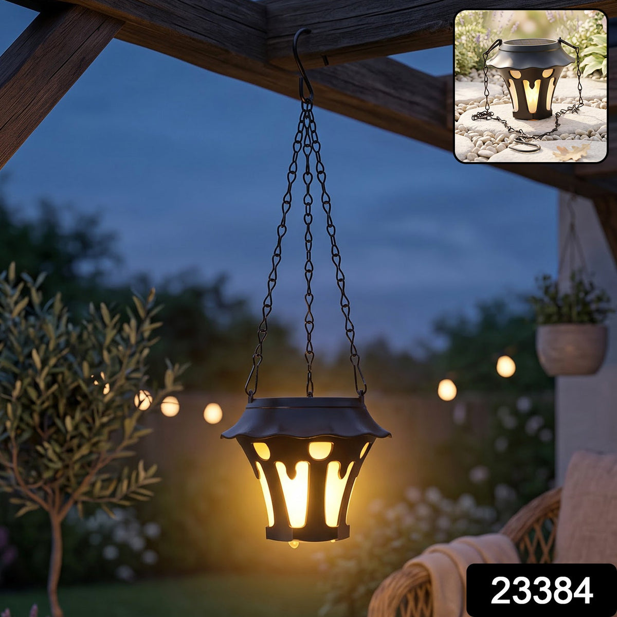 Solar hanging lantern glowing at dusk