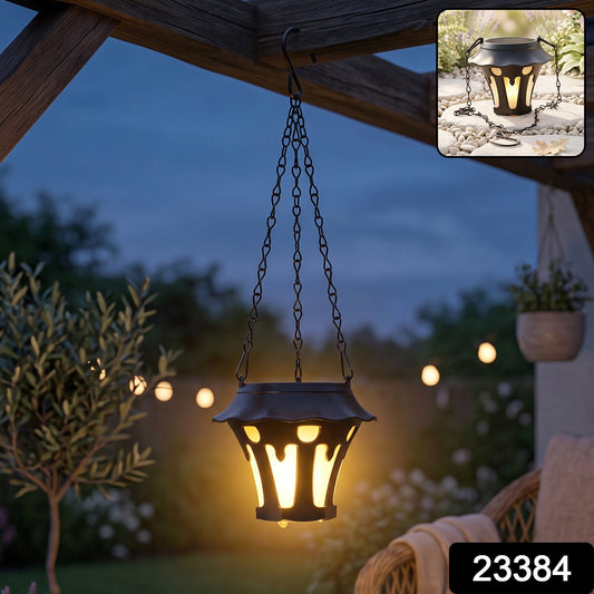 Solar hanging lantern glowing at dusk