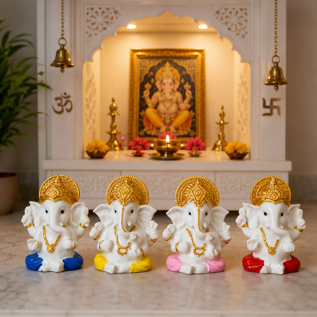 Ganesh idols with golden crown, set of 4