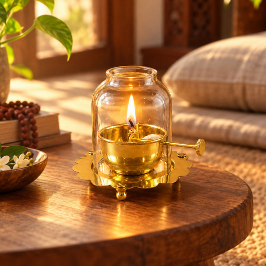 Compact brass akhand diya with glass dome