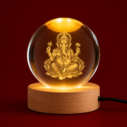 Crystal Ganesha lamp on a shelf