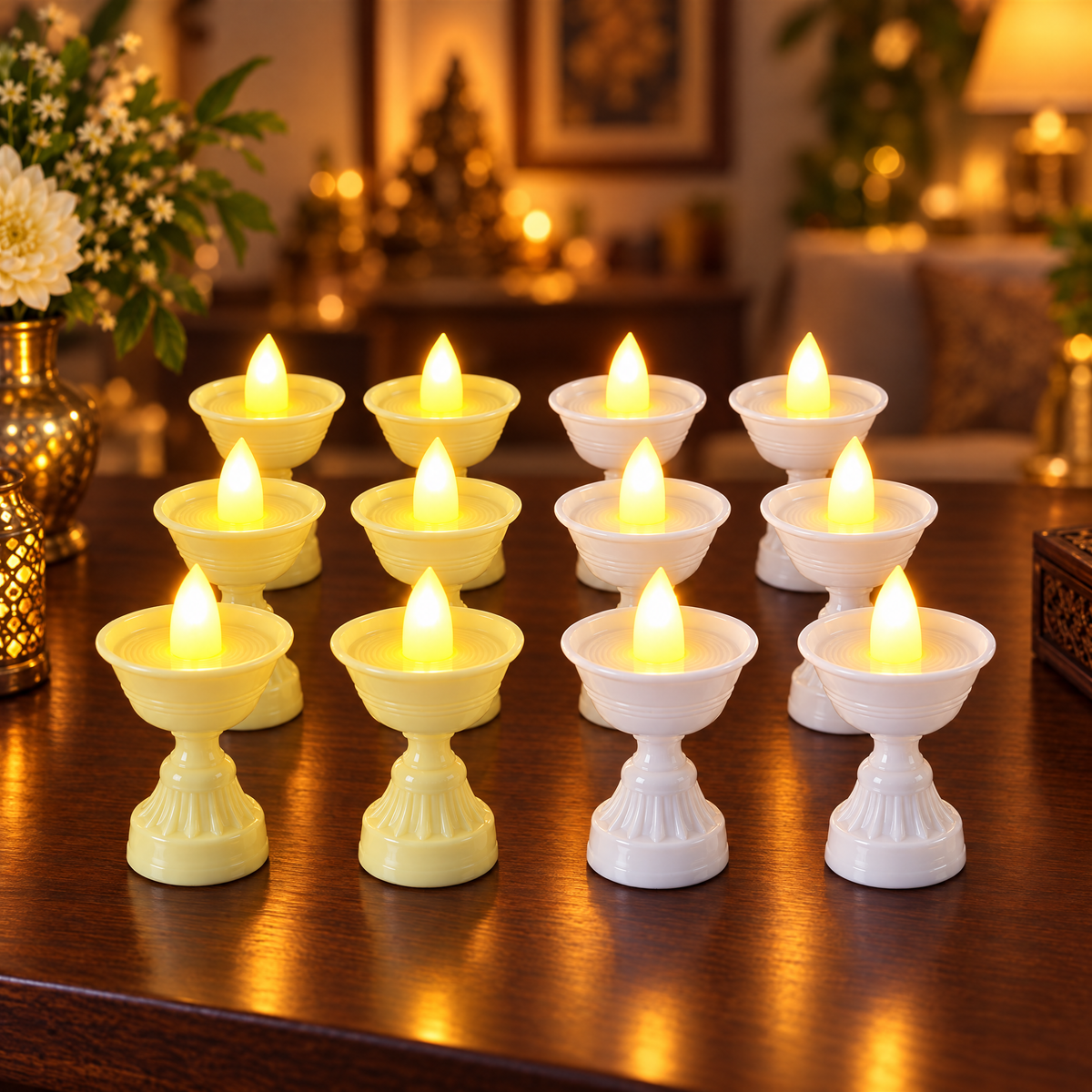 12 flameless LED diyas glowing on a table on Diwali night