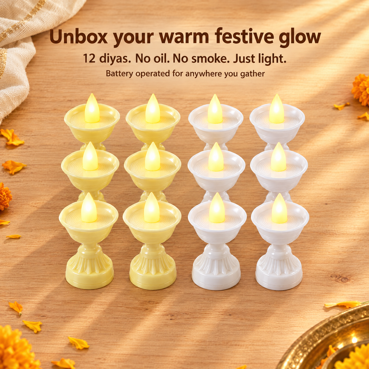 Flameless LED diya set of 12, 6 yellow and 6 white
