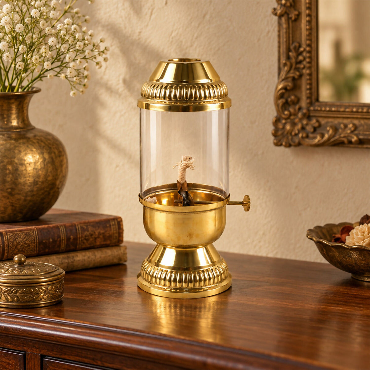 Brass akhand diya with glass chimney