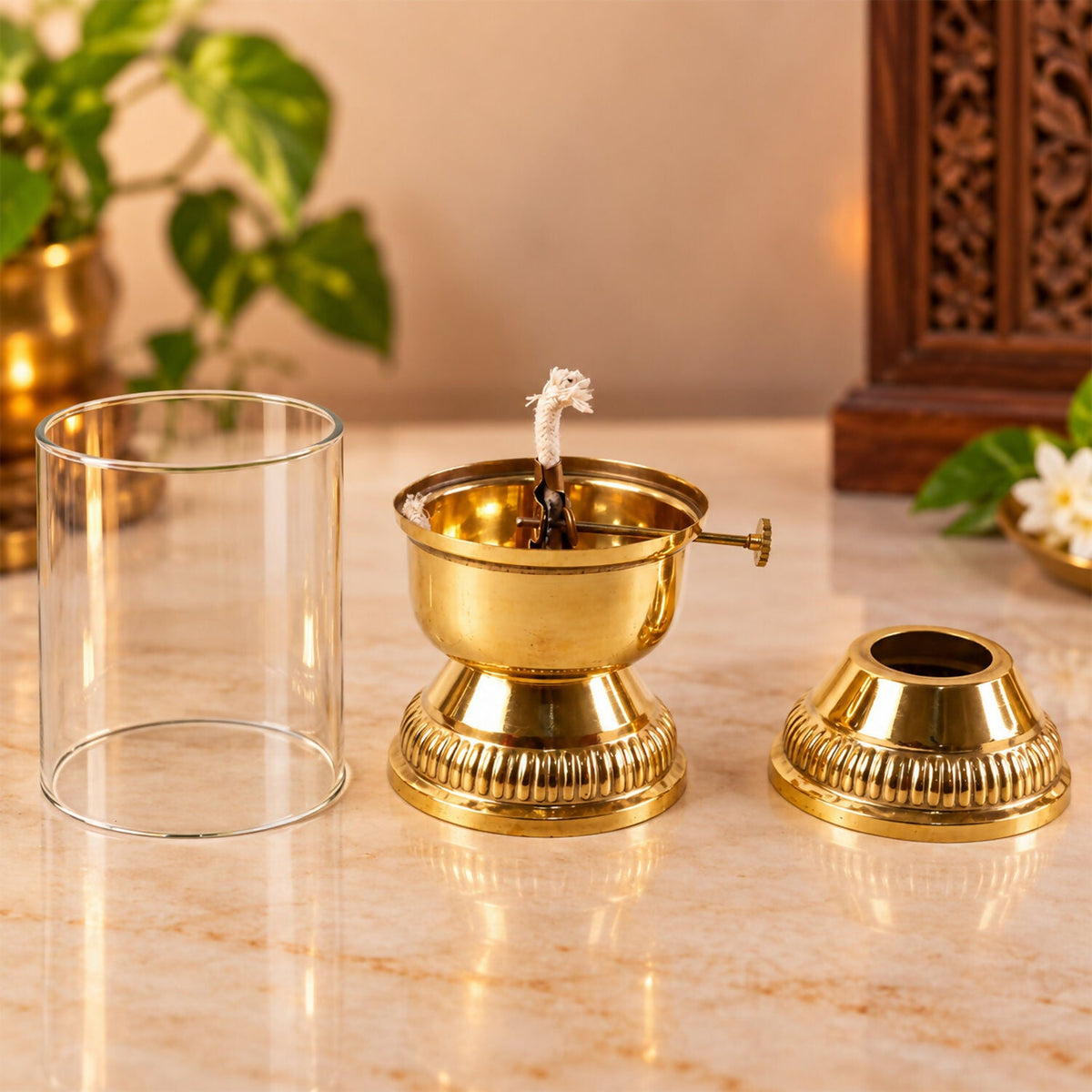 Brass akhand diya in a home mandir